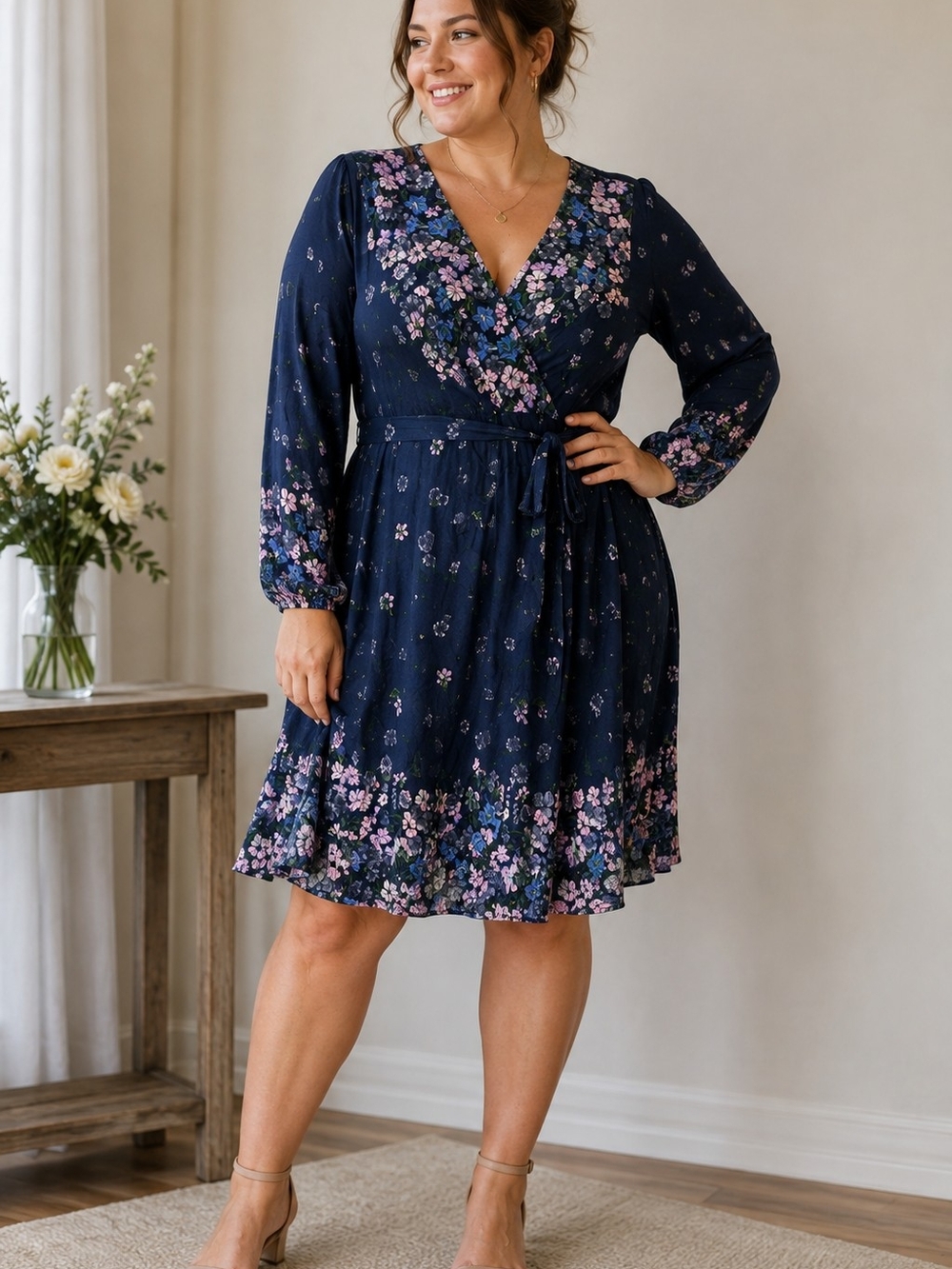 Women's Navy Floral Wrap Dress with Long Sleeves